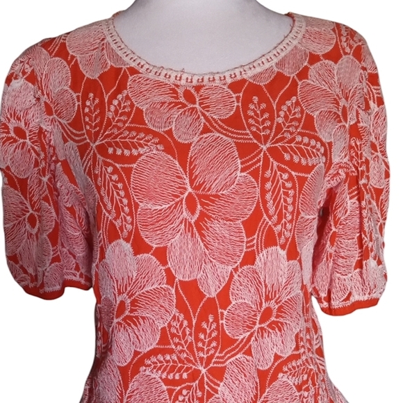 Anthropologie Solitaire Orange All Over Floral Embroidery Peasant Top Sz Medium - Picture 2 of 8